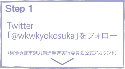 step1 Twitterで横須賀都市魅力創造発進実行委員会公式アカウント「@wkwkyokosuka」をフォローしてください。